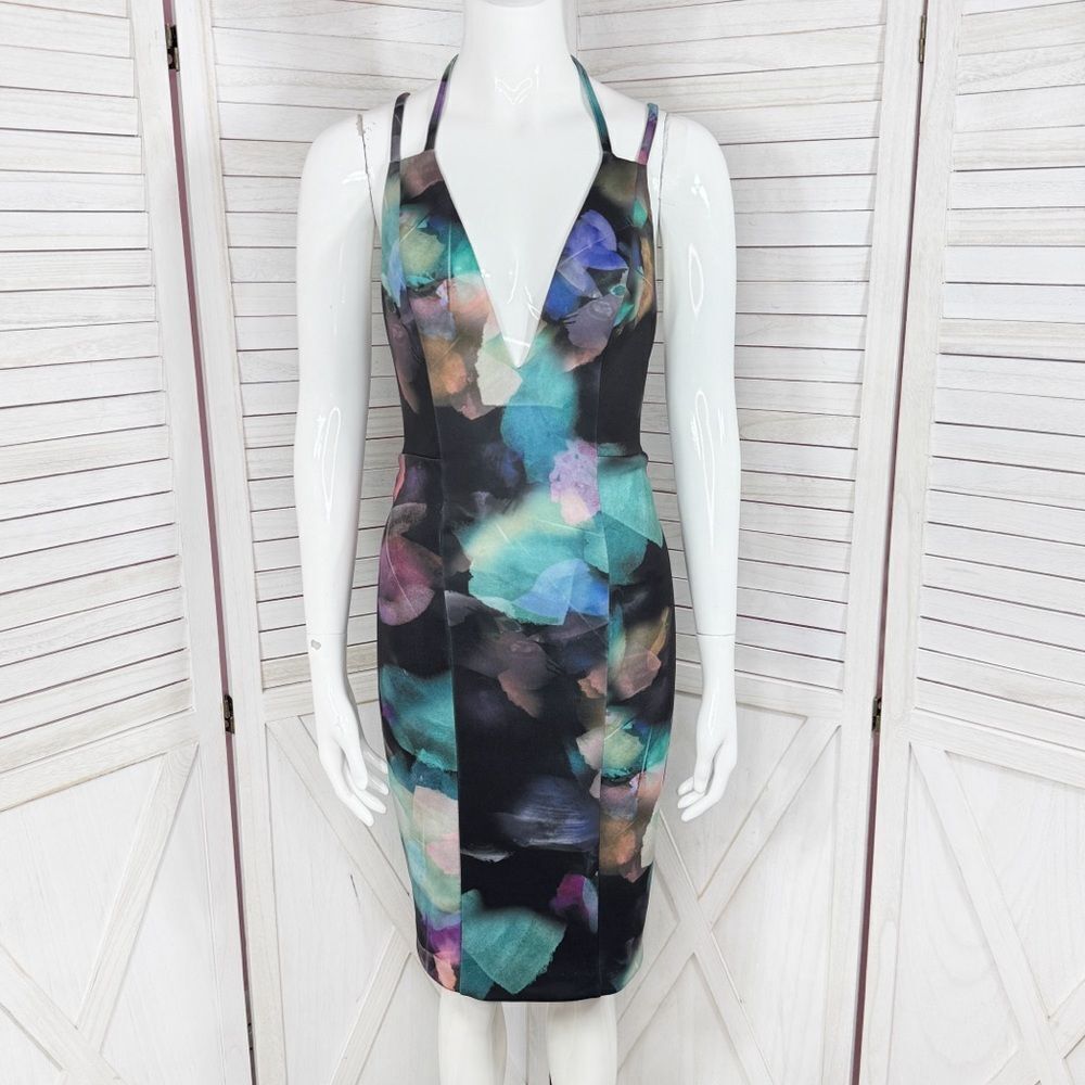 Bebe Y2k Watercolor Plunge Neck Open Back Bodycon Club Dress‎ Black Teal XS